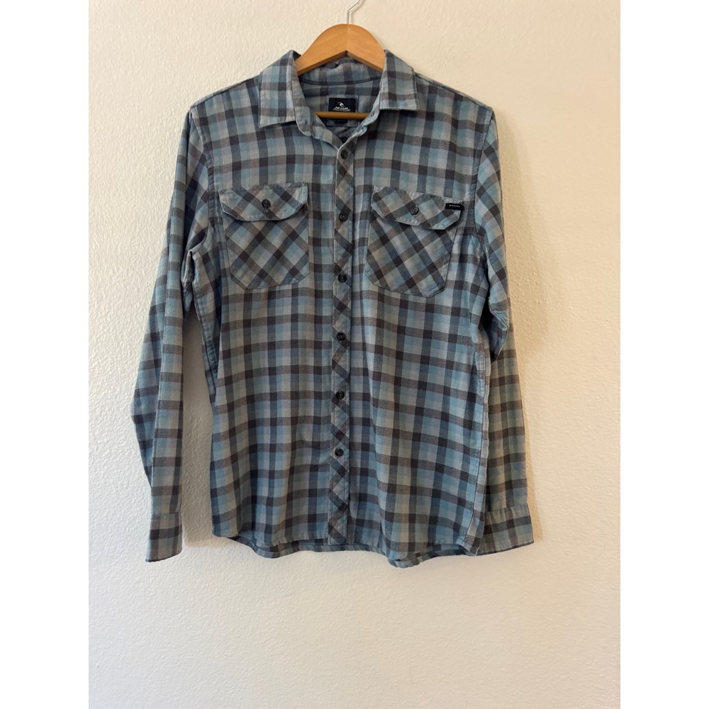 Rip Curl Flannel Shirt Plaid Long Sleeve Button Down Small Blue Grey Excellent